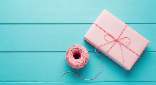 A pink gift box with a pink bow and twine sits next to a spool of pink string on a turquoise wooden table