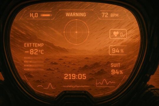 Helmet HUD view displays vital stats and warning while fierce Martian sandstorm rages outside, immersive survival sci-fi interface, generative AI
