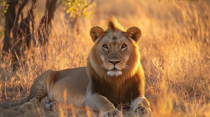 Naklejka premium Majestic male lion lying on dry grass in golden savanna landscape during vibrant sunset with warm sunlight and dramatic sky in african wilderness 