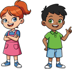 Cartoon girl and boy standing together, smiling happily, educational children illustration, colorful vector, isolated on white background, school theme