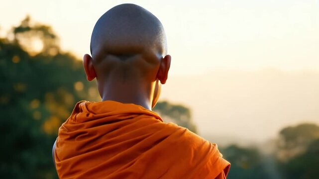 Young buddhist monk contemplating the sunrise in oran