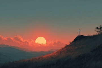 A serene scene with a cross standing on a hill as the sun sets behind it, creating a peaceful and spiritual atmosphere.