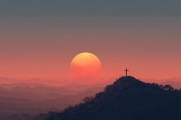A serene image of a cross standing on top of a hill as the sun sets in the background, creating a peaceful and spiritual atmosphere.