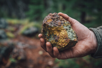 Person holding uranium ore in natural outdoor setting