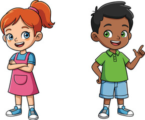 Cartoon illustration of happy school children standing together, smiling, wearing casual clothes, educational vector art for kids learning content