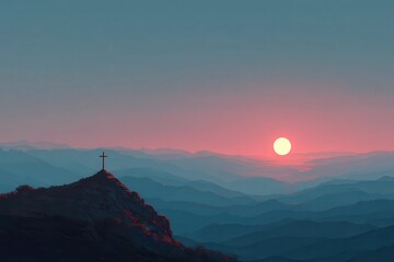 A serene image of a cross standing on a mountain top as the sun sets in the background, creating a peaceful and spiritual atmosphere.