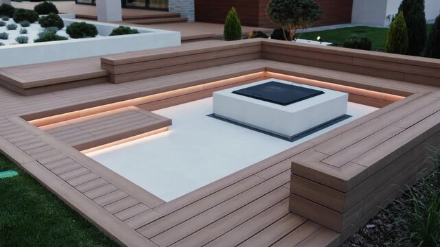 Fireplace on the outdoor patio with a long wooden bench with evening lighting. Picnic area near the house. Cozy place for evenings near the house.