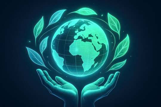 Neon holographic earth encircled by glowing leaves and cupped hands on dark background, futuristic eco technology vision, generative AI