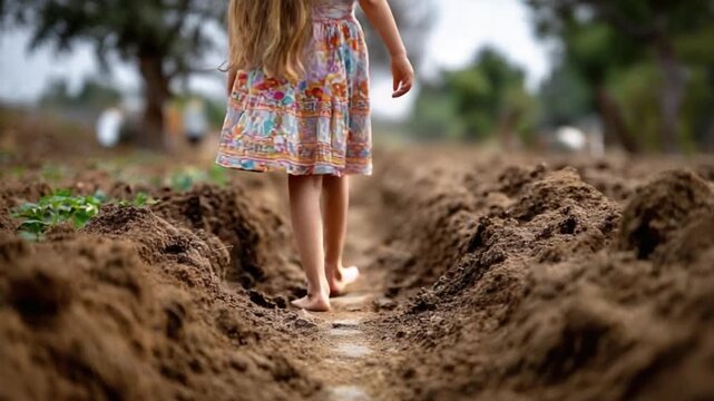 Barefoot Adventure: A little girl with flowing hair embarks on a path between freshly tilled earth, walking freely. This image embodies the spirit of a journey into nature.
