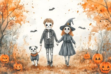 Fototapeta premium Watercolor Painting of Couple Dressed as Jack and Sally