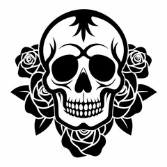 Skull with Roses vector clean black silhouette design white background