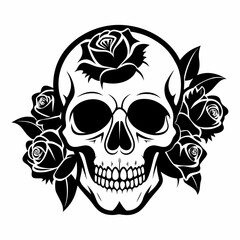 Skull with Roses vector clean black silhouette design white background