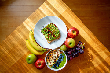 fresh fruits on a wooden table