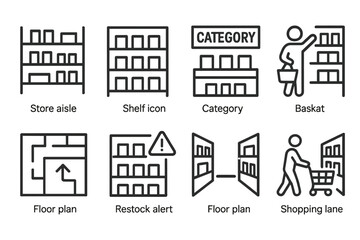 Shopping icons: store aisle, shelf, category, basket, floor plan, restock alert