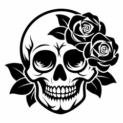 Skull with Roses vector clean black silhouette design white background