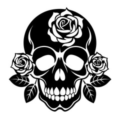 Skull with Roses vector clean black silhouette design white background