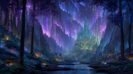 Fototapeta premium Mystical glowing fairytale castle surrounded by lush enchanted forest at night with fireflies and starry sky – fantasy AI generated illustration