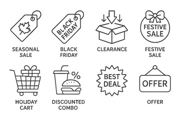 Seasonal and festive sale icons: tags, cart, combo, clearance, offers