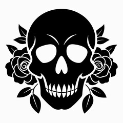 Skull with Roses vector clean black silhouette design white background