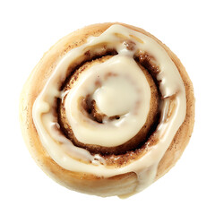 Fototapeta premium A freshly baked cinnamon roll topped with a generous layer of white icing, viewed from above.