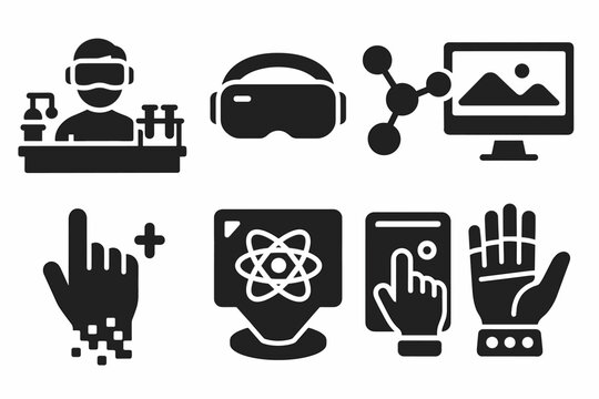 Virtual reality and technology icons: science, simulation, digital interaction