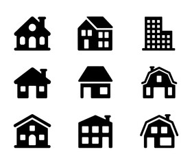 House and Building Icons Set. Residential Homes, Apartments, and Barns, Real Estate and Architecture Vector for Urban and Rural Property