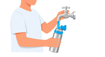 person filling water bottle from faucet, isolated
