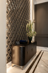 Luxurious hallway with a dark wood credenza and a Dracaena plant. An intricate decorative screen...