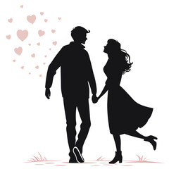 Romantic Couple Silhouette with Geometric Pattern and Floating Hearts

