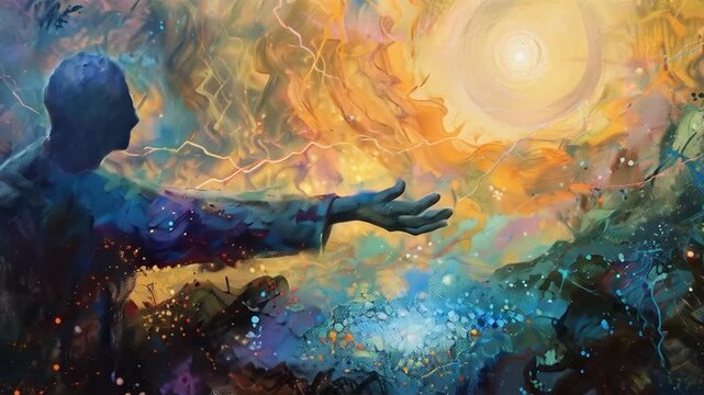 Visualization of a hand reaching out to a bright light against a cosmic landscape. Excellent choice for spiritual, philosophical and scientific videos, as well as for projects related to exploration a