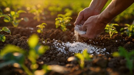 Fototapeta premium National Diatomaceous Earth Day. farm scene showing diatomaceous earth being applied as natural pest control, farmer's hands spreading white powder on crops, golden hour lighting