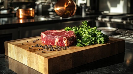 Raw premium beef cut on butcher block surface with herb garnish and peppercorns in luxury restaurant kitchen