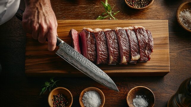 Wooden butcher block surface displaying expertly cut premium steak with Damascus steel knife and gourmet seasonings