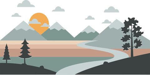 Stylized mountain landscape with winding river and trees at sunset mountains