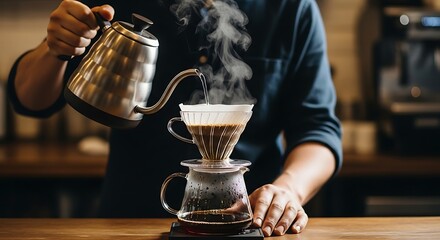 A professional barista meticulously brews pour-over coffee, pouring steaming water from a gooseneck kettle into a dripper