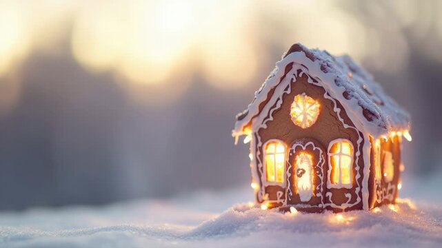 A small gingerbread house sits peacefully in the snow, perfect for winter scenes or festive decorations