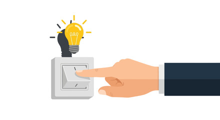 hand turning on light switch with idea bulb isolated