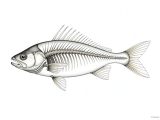 Minimalist white background illustration of a translucent fish anatomy