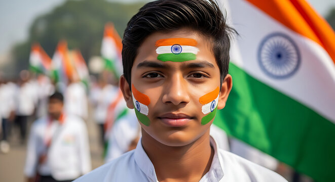 A young Indian man with face paint stands proudly, celebrating a national event. - Powered by Adobe