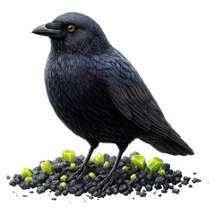 Obraz premium Toxic slime along the crystal raven concept. A striking black crow perched on shimmering gemstones.