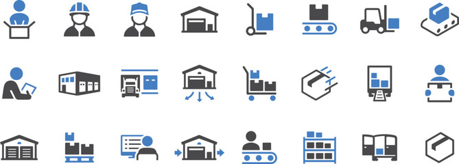 Logistics and Warehouse Icon Collection – Warehouse, Storage, Logistics, Delivery, Transport, Inventory, Package, Supply Chain, Freight, Shipping, Cargo, Box, Goods, Truck, Distribution, Factory, Pall