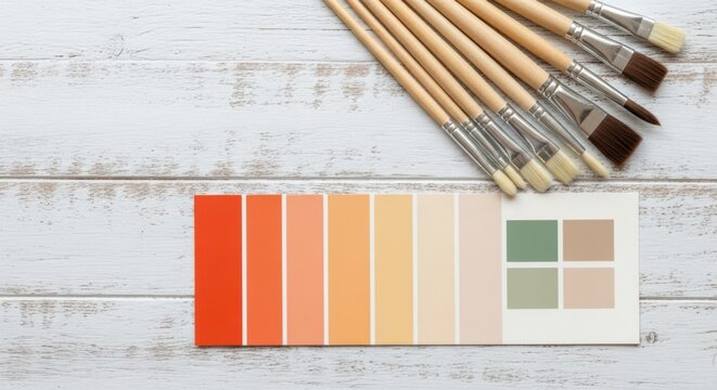 A collection of paintbrushes resting above a colorful paint swatch selection on a wooden surface - Powered by Adobe
