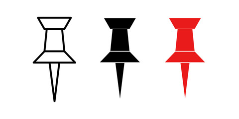 Three push pin icons in outline, black, and red styles, Map pin icon, destination icon, location marker, pin icon, vector illustration.