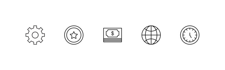 Finance and service outline icon collection, settings icon, badge icon, money icon, globe icon, clock icon, vector illustration.