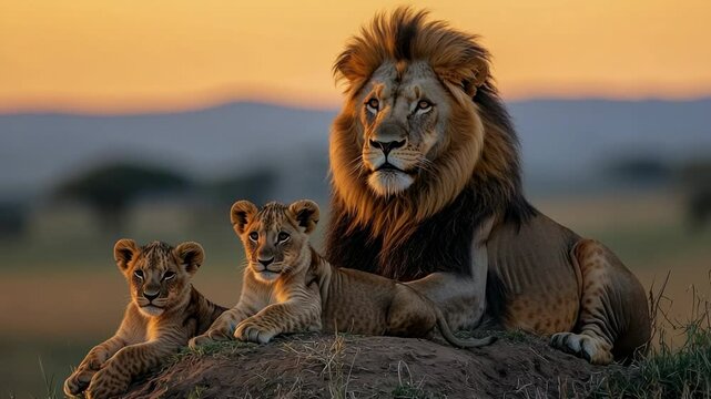 Majestic lion rests with two playful cubs during sunset in the savannah