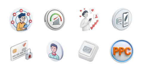 A collection of 3d icons representing social media, marketing, and business concepts isolated on transparent background