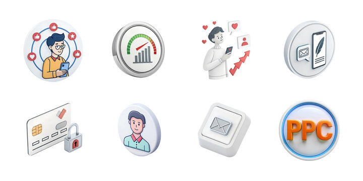 A collection of 3d icons representing social media, marketing, and business concepts isolated on transparent background - Powered by Adobe