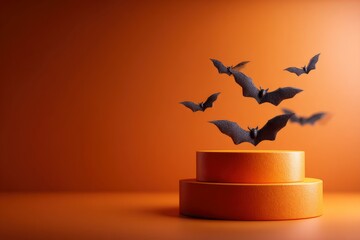 5 bats fly above a 2tiered orange podium against a gradient orange background