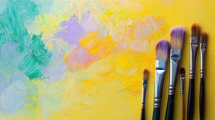 Obraz premium in the lower right corner lies a brush and palette knife, a delicate yellow background in a light green matte color, voluminous paint strokes and various shades of very light purple and blue shades