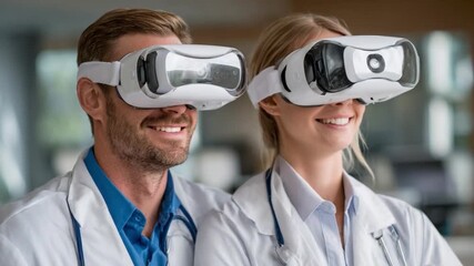 Virtual Reality in Healthcare: A dynamic visual narrative featuring two smiling healthcare professionals immersed in the world of virtual reality, showcasing technological advancement in medicine - Powered by Adobe